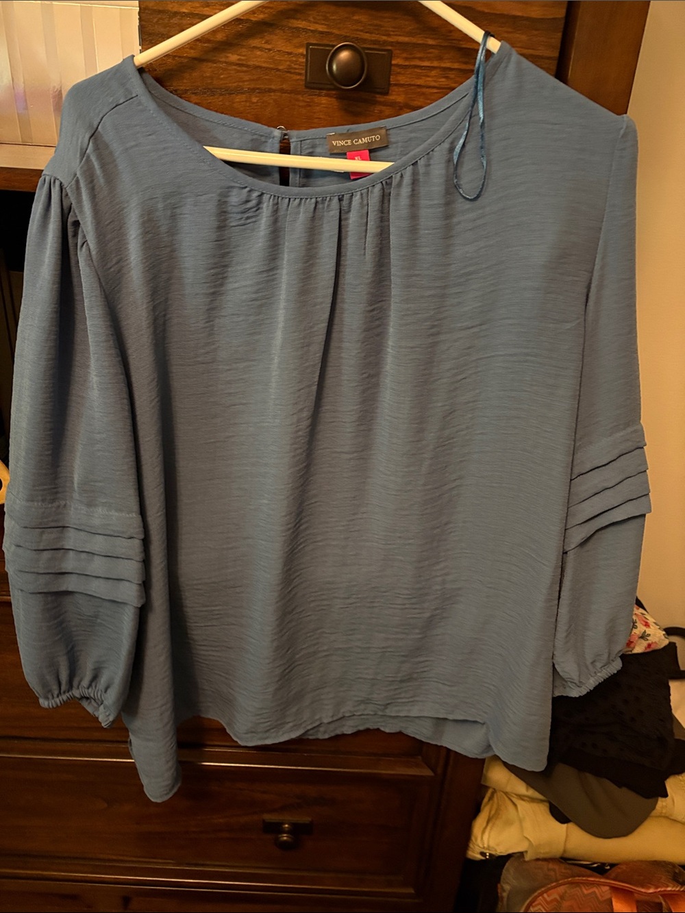 Vince Camuto Dusty Blue Pleated-Sleeve Blouse